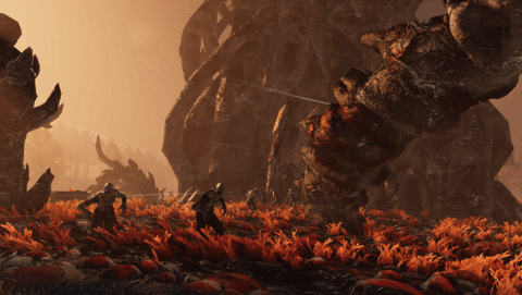 Screenshot of multiple Wights in an unusual-looking red biome with red grasses and a giant organic monolith